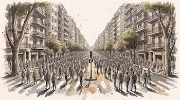 Dibujo en tinta y acuarela con una multitud en una avenida, pasos de peatones, un semáforo en el centro y edificios con balcones.
