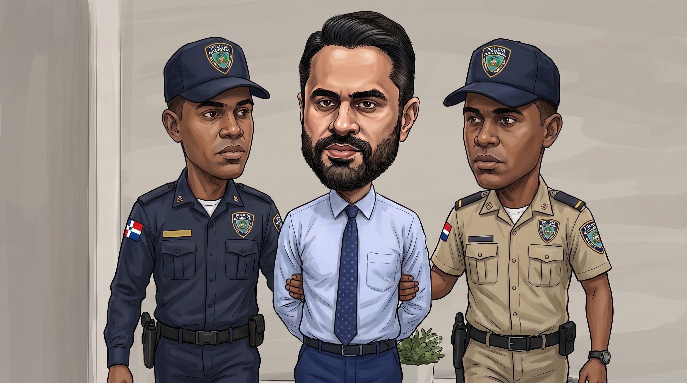 Dos agentes de la Policía Nacional Dominicana escoltan a un hombre esposado, uno en uniforme azul y otro en caqui. (Imagen Ilustrativa Infobae)