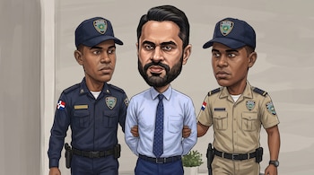 Caricatura de un hombre con camisa, corbata y barba, escoltado por dos policías dominicanos uniformados, uno de azul y otro de caqui. Manos detrás de la espalda.
