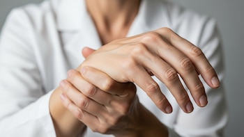 Primer plano de manos de un joven de unos 30 años; una mano sujeta la muñeca de la otra, vestido con una camisa blanca frente a un fondo neutro.