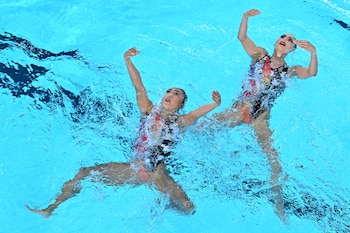 Paris 2024 Olympics - Artistic Swimming - Duet Free Routine - Aquatics Centre, Saint-Denis, France - August 10, 2024. Nuria Diosdado of Mexico and Joana Jimenez of Mexico perform. Chen Yichen/Pool via REUTERS