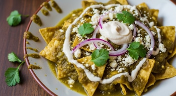 Primer plano de chilaquiles veganos en un plato blanco, con totopos cubiertos de salsa verde, crema vegana, rodajas de cebolla morada y cilantro.