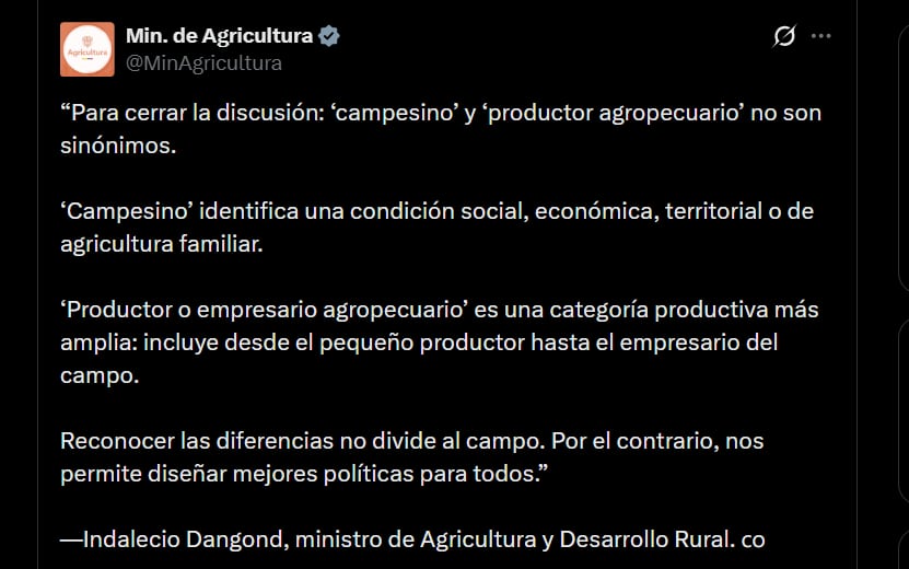 El funcionario, a través de los canales oficiales del Ministerio de Agricultura, afirmó que ambos términos no son sinónimos y corresponden a categorías diferentes - crédito @MinAgricultura/X