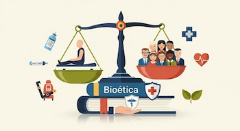 Ilustración de balanza con un individuo en camilla y un grupo diverso de personas, sobre un libro de Bioética, acompañada de iconos de salud.