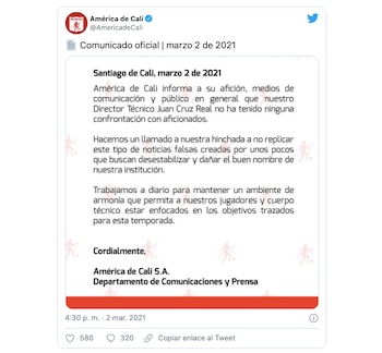 América de Cali desmiente confrontación de Juan Cruz Real con hinchada de 'Barón Rojo Sur' en Pasto / (Twitter: @AmericadeCali).