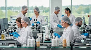 Seis científicos en batas y equipo de seguridad trabajan en un laboratorio. Se ven microscopios, computadoras y una cinta transportadora con productos cosméticos.