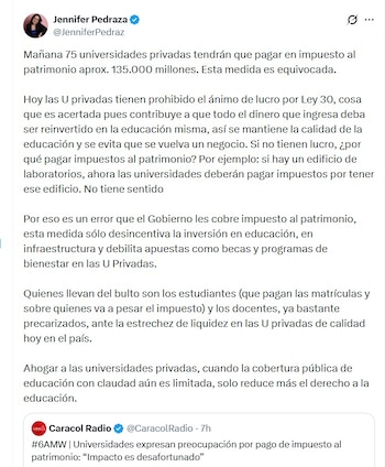 Jennifer Pedraza señaló que el impuesto al patrimonio contradice la Ley 30, que prohíbe a las universidades privadas obtener lucro - crédito @JenniferPedraz/X