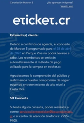 La tiquetera Eticket.cr confirmó la devolución automática del dinero. Cortesía: Ticket