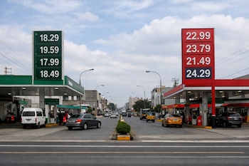 Dos estaciones de servicio, una con cartel verde y otra con cartel rojo, muestran precios de combustible. Vehículos transitan en la avenida.