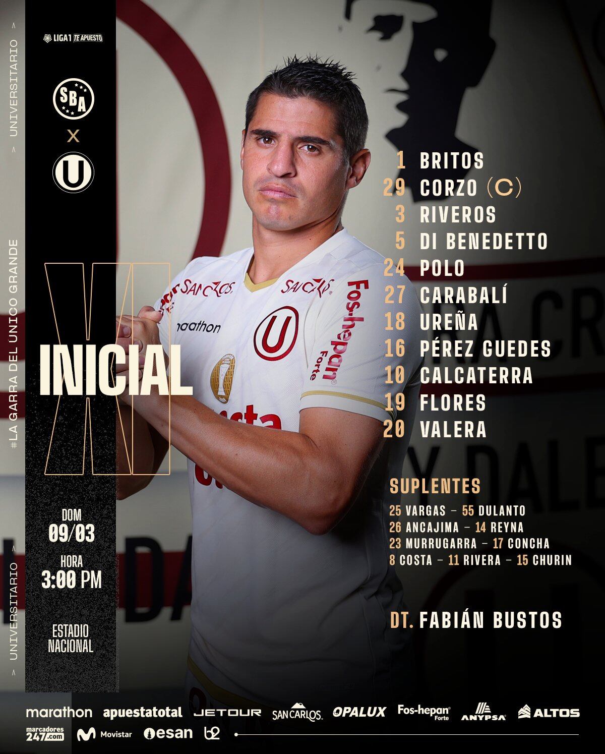 Formación de Universitario para el encuentro contra Sport Boys - Crédito: Club Universitario.