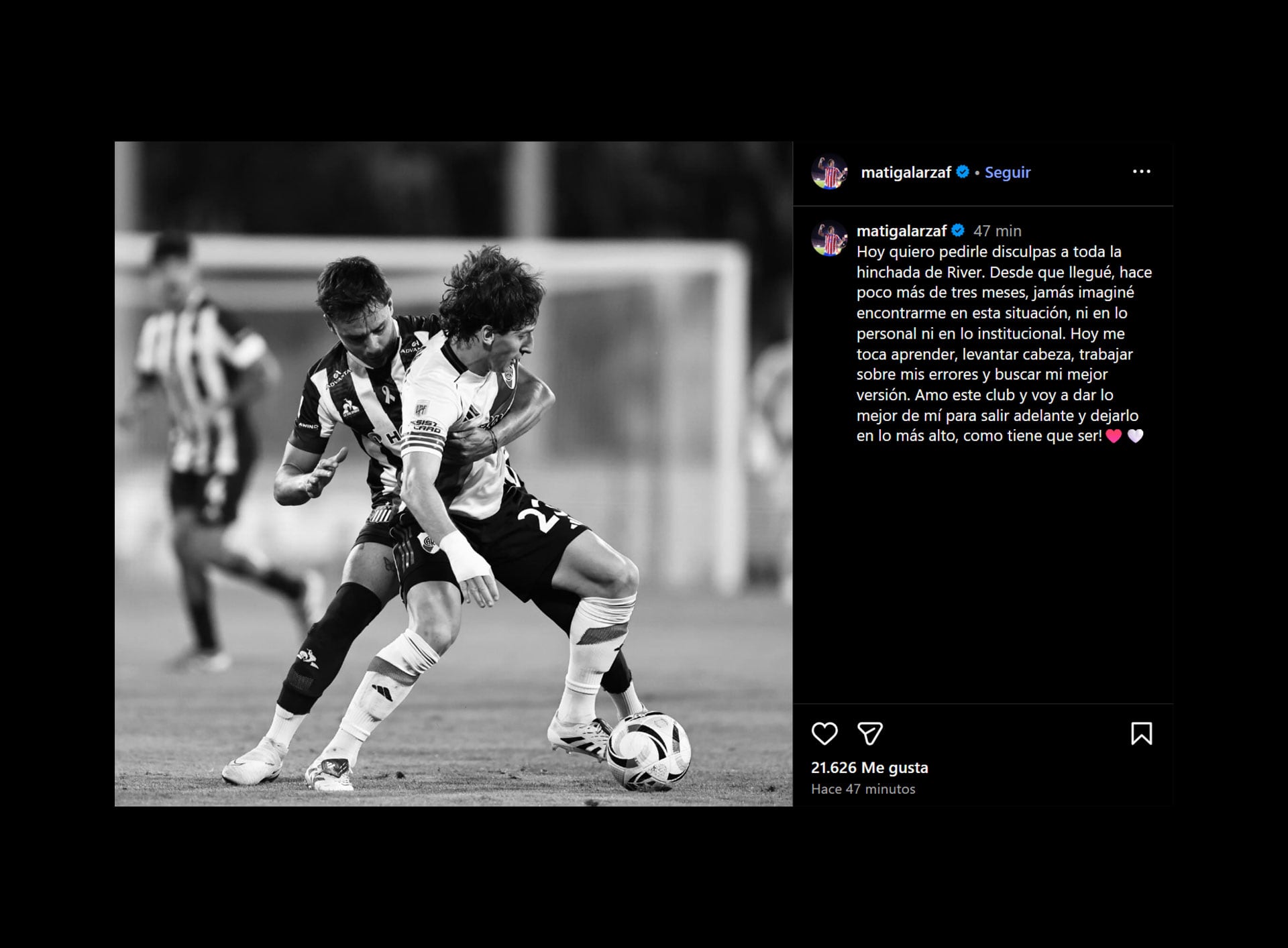 El posteo de Matías Galarza en el que pide disculpas por su error (@matigalarzaf)