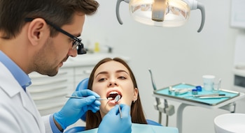 Odontólogo con lupas y guantes azules examina la boca abierta de una paciente. Se ven instrumentos dentales y una lámpara en un consultorio.