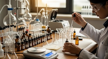 Persona con bata blanca y gafas, manipula líquidos con pipeta en laboratorio. Hay vasos de precipitados, botellas ámbar, balanza, matraces, tubos de ensayo.