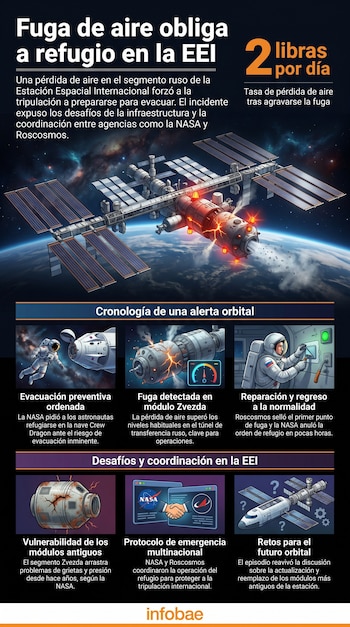 Ilustración de la Estación Espacial Internacional en órbita sobre la Tierra, con una fuga de aire visible en un módulo y paneles explicativos.