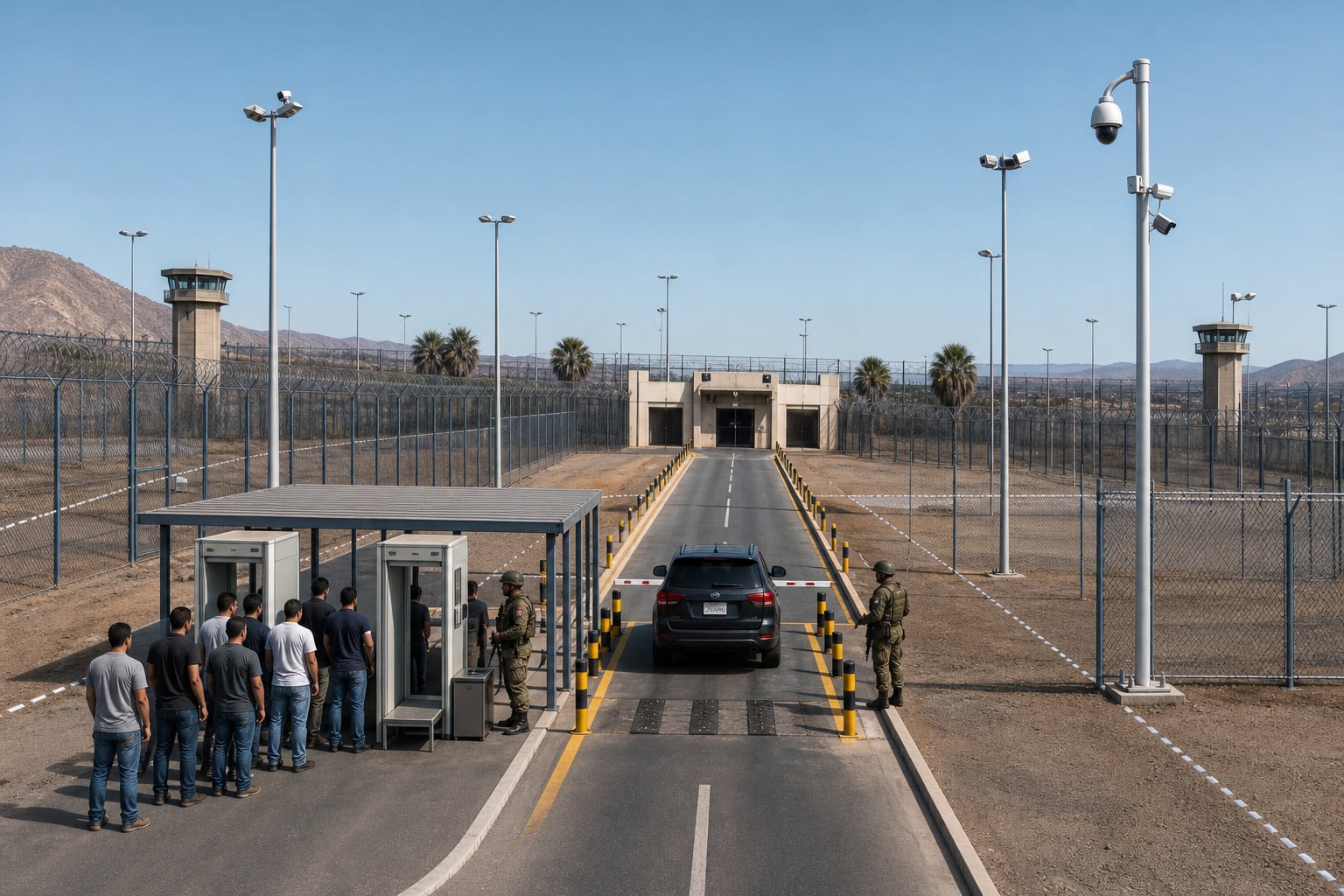 Personal militar custodia el control de acceso a un penal mediante detectores de metales y revisión de vehículos. (Imagen Ilustrativa Infobae)