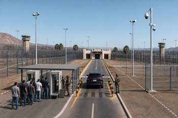 Personas en fila ante detectores de metal y un vehículo cruzando un punto de control vigilado por militares en un centro penitenciario.