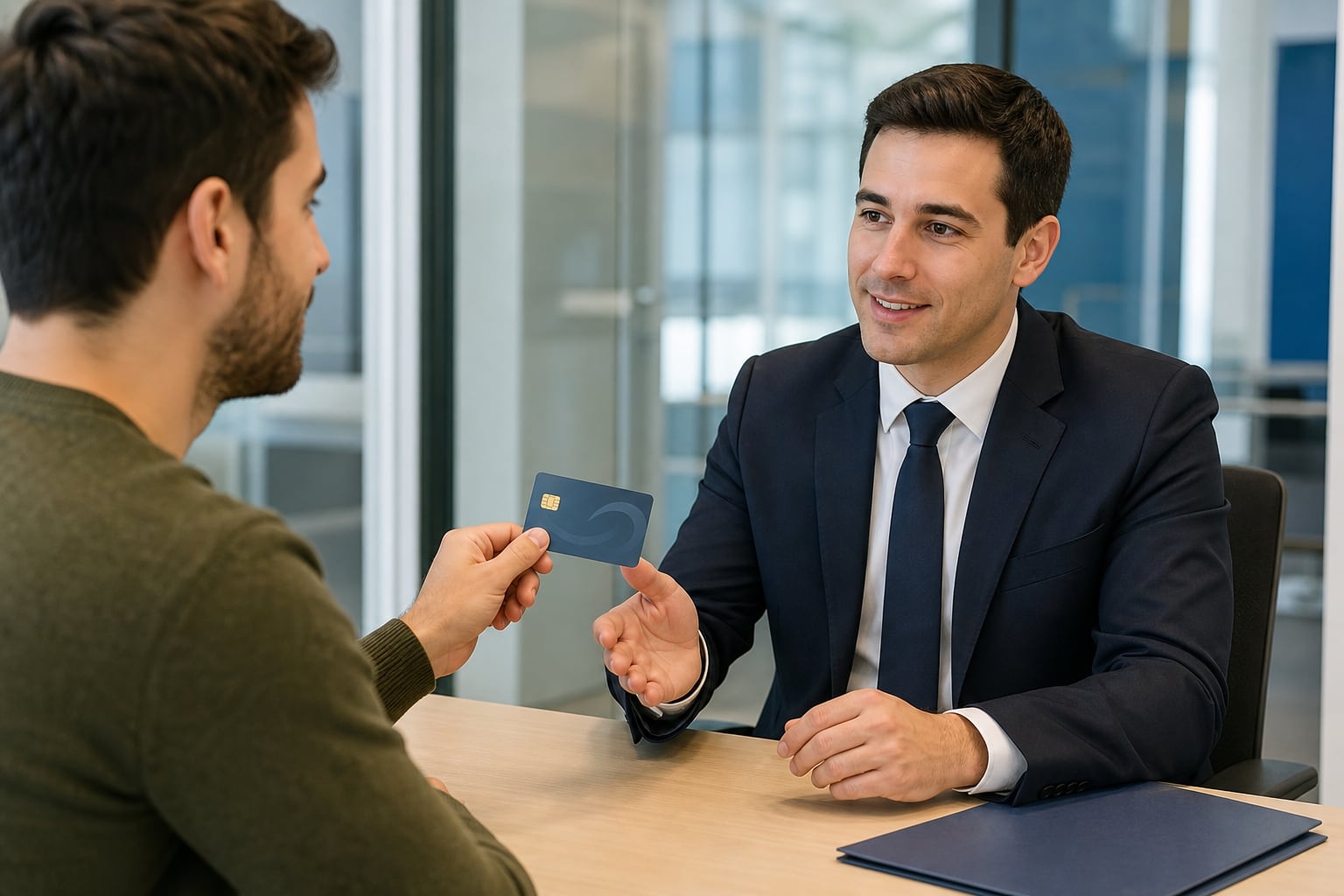 Un cliente tramita la contratación de una tarjeta revolving frente a un asesor en una oficina financiera. (Imagen Ilustrativa Infobae)