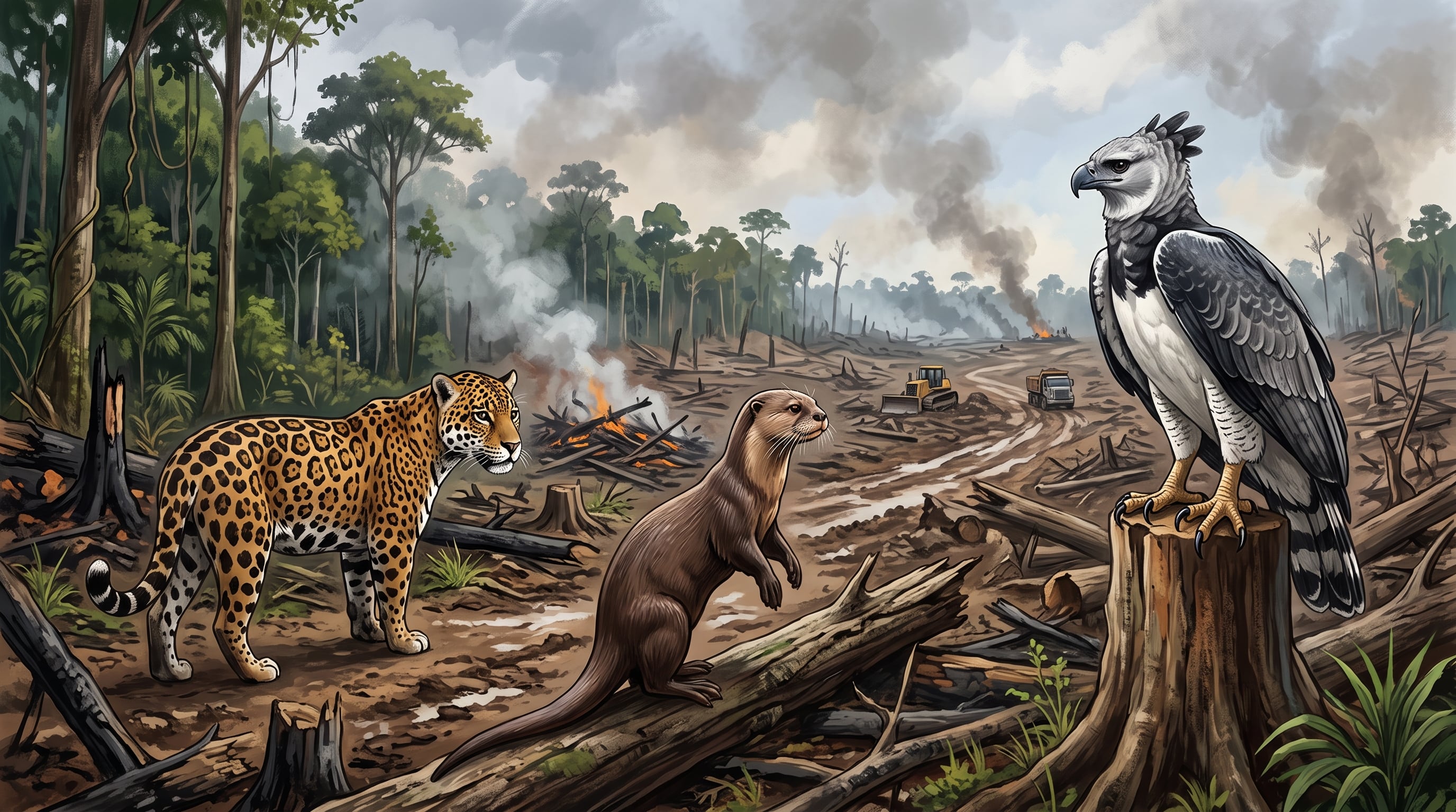 Un jaguar, una nutria y un águila arpía permanecen en un terreno deforestado de la Amazonía colombiana en una representación sobre la pérdida de hábitat. (Imagen Ilustrativa Infobae)