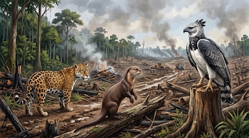 Un jaguar, una nutria y un águila arpía posada sobre un tronco están en primer plano ante un bosque talado con humo y maquinaria pesada.