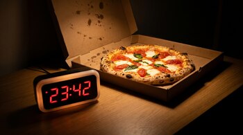 Un reloj digital muestra "23:42" junto a una caja de pizza abierta con una pizza napolitana. La pizza y parte de la mesa están iluminadas.