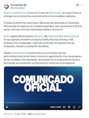 Un reporte de Asocapitales elevó a 169 los muertos y a más de 900 los heridos por el terremoto en Colombia - crédito Asocapitales