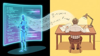 Ilustración de un androide azul frente a código de computadora y un hombre en un escritorio con hojas, unidos por fórmulas matemáticas.