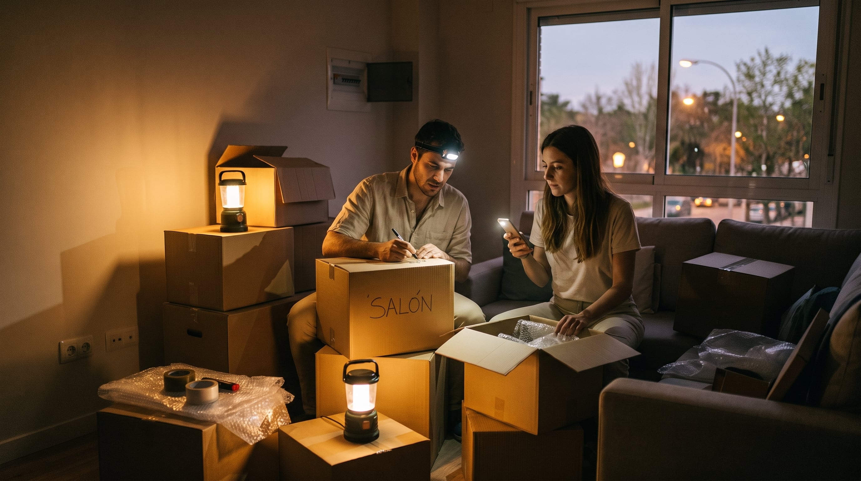 Una pareja utiliza linternas portátiles y un teléfono móvil para organizar y etiquetar cajas de cartón durante una mudanza. (Imagen Ilustrativa Infobae)