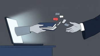 Ilustración: Una mano emerge de una laptop encendida entregando una pila de documentos a otra mano con manga formal sobre un fondo oscuro.