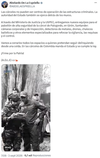 Abelardo de la Espriella reforzó la seguridad en la cárcel de Palogordo - crédito @ABDELAESPRIELLA/X
