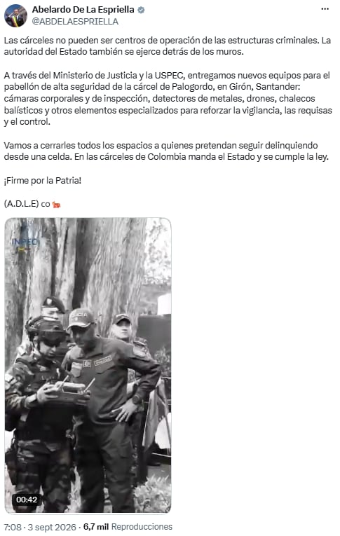 Abelardo de la Espriella reforzó la seguridad en la cárcel de Palogordo - crédito @ABDELAESPRIELLA/X