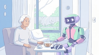 Ilustración de una mujer mayor y un robot de compañía compartiendo té en una sala junto a una ventana. Hay sensores en la pared y un visor VR sobre la mesa.