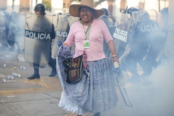 Una manifestante rodeada de gas