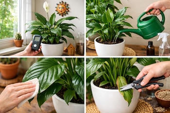 Collage de manos regando, sosteniendo medidor, limpiando y podando una planta de hojas verdes en maceta blanca dentro de un hogar.
