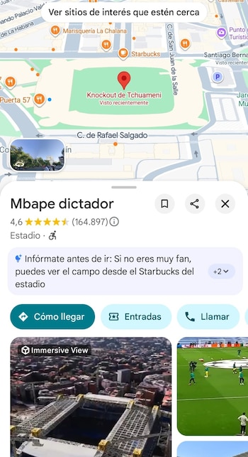 Una captura de pantalla de Google Maps en el Estadio Santiago Bernabéu