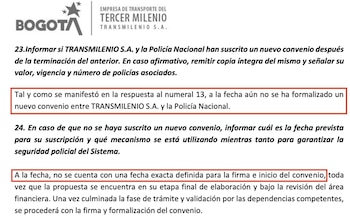 Respuesta a derecho de petición presentado a TransMilenio por la concejal Diana Diago sobre el convenio con la Policía el cual está vencido - crédito Transmilenio/Diana Diago