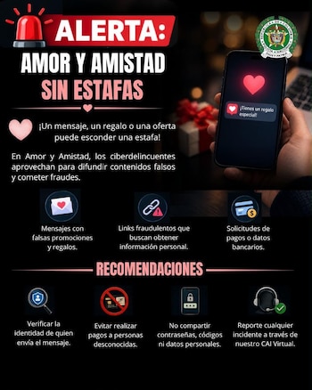 La Policía Nacional de Colombia alertó por más de 3.600 víctimas de estafas digitales identificadas en 2026 durante Amor y Amistad - crédito Policía Nacional