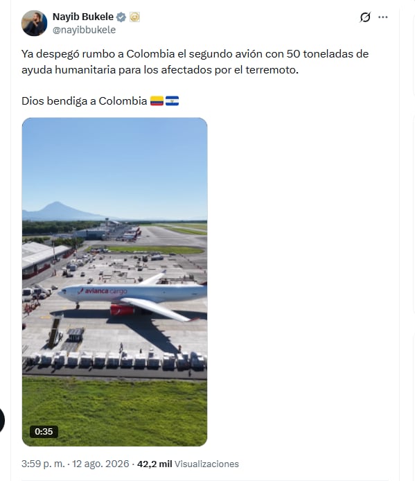 El presidente de El Salvador, Nayib Bukele, informó sobre el despegue de un segundo avión con ayuda humanitaria que llegará a Colombia - crédito @nayibbukele/X