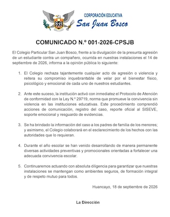 Documento impreso con el logotipo del Colegio San Juan Bosco y un comunicado estructurado en cinco puntos sobre fondo blanco