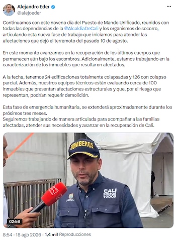 Alejandro Eder impulsa la reconstrucción de Cali tras el devastador terremoto - crédito @alejoeder/X