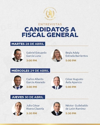 Gráfico con el logo del Gobierno de Guatemala y el título 'Entrevistas Candidatos a Fiscal General'. Muestra seis fotos de candidatos con nombres y horarios de entrevistas