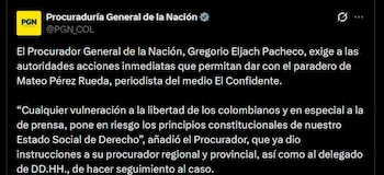El Ministerio Público recalca que la libertad de prensa es clave para el Estado Social de Derecho y rechaza cualquier ataque contra periodistas - crédito @PGN_COL / X