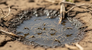 Un pequeño charco de agua estancada con larvas y varios mosquitos adultos sobre su superficie. Alrededor, tierra seca y agrietada con vegetación marchita.