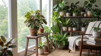 Plantas en macetas sobre un banco de madera y estantes junto a una ventana, al lado de un sillón con manta y libros sobre una mesa.