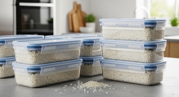 Varios envases transparentes con tapas azules llenos de arroz blanco están sobre una encimera de cocina. Algunos granos de arroz se ven esparcidos cerca de los recipientes.