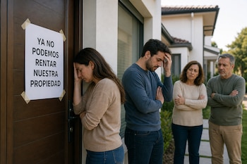 Cuatro personas paradas junto a la puerta de una casa que tiene un cartel con la frase YA NO PODEMOS RENTAR NUESTRA PROPIEDAD.