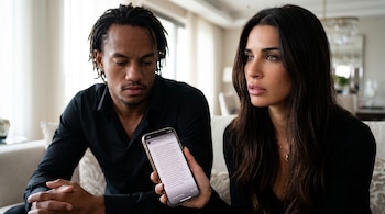 André Carrillo y Suhaila Jad sentados en un sofá; ella sostiene un teléfono con una publicación de texto en pantalla, él mira hacia abajo.