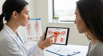 Una doctora y una paciente sentadas en un consultorio. La doctora sostiene una tableta digital con una ilustración anatómica del cérvix.