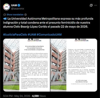 La UAM anunció acompañamiento legal y psicológico para la familia de la joven asesinada. (X @lauammx)