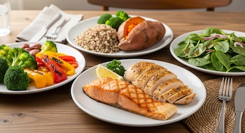 Salmón cocido, pollo en rebanadas, pimientos asados, brócoli, quinoa, batata, ensalada de espinacas, limón, perejil, platos, cubiertos, vaso de agua en mesa de madera.