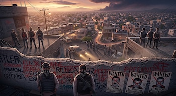 Varios hombres armados en techos y calles de una ciudad densamente poblada al atardecer. Muros con grafitis y carteles de personas buscadas.